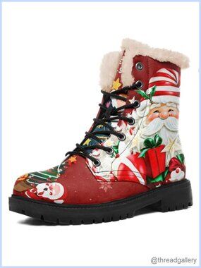 Women's Fur Lined Lace Up Ankle Winter Boots Vegan Leather Non Slip Christmas